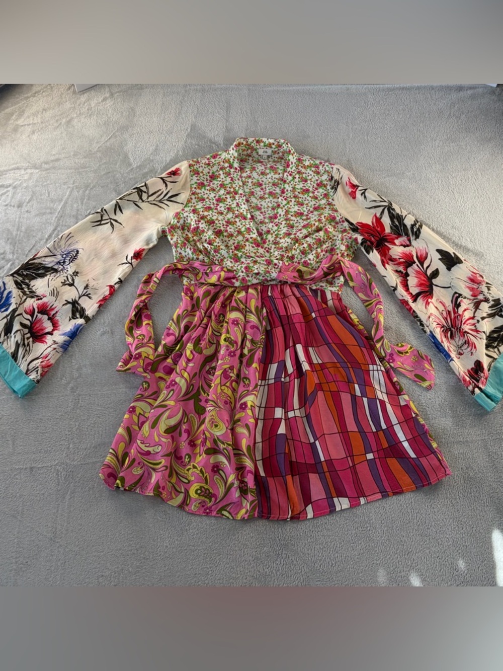 River Island Size 8 flirty kimono wrap dress block mixed prints - Picture 2 of 10